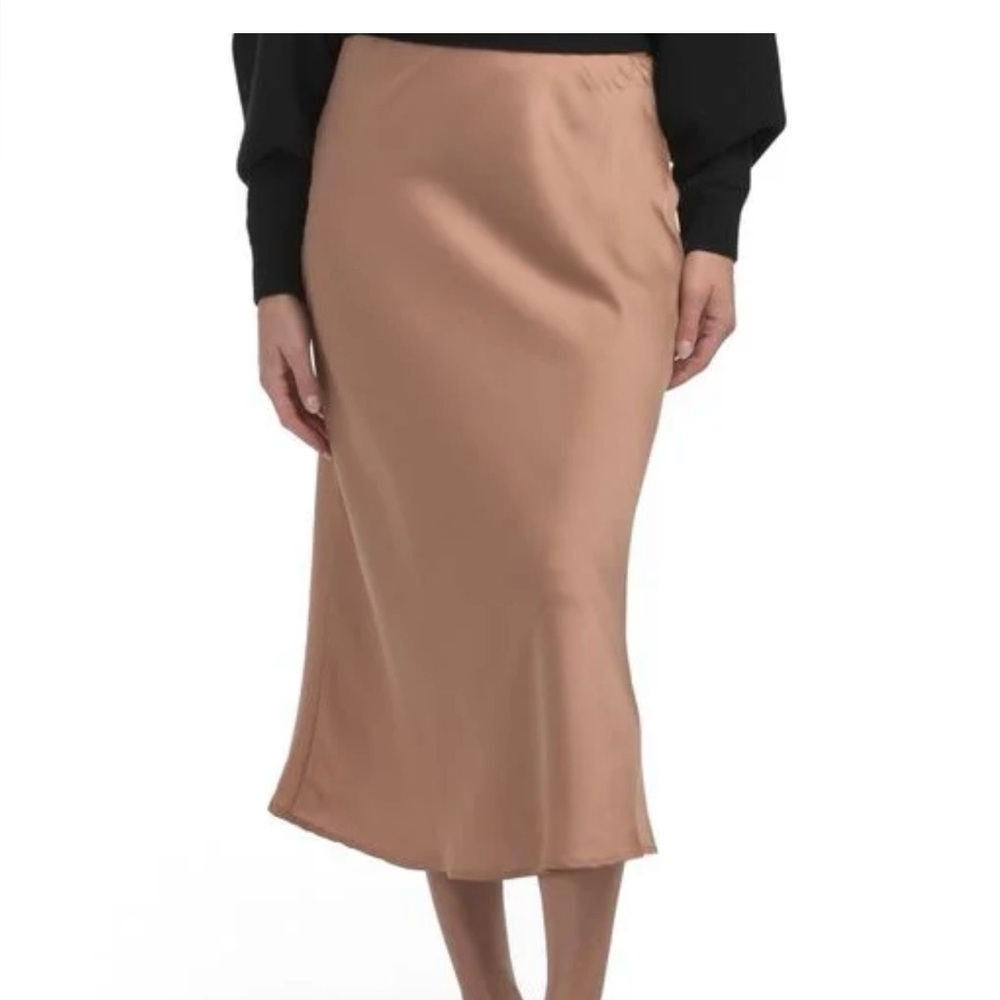 Rachel Zoe Classic Midi Satin Slip Skirt in Camel